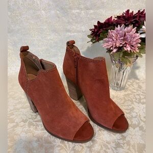Lucky Brand Rust Suede Leather Peep-Toe Studded Boots